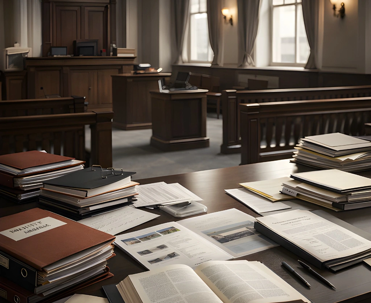 Interior of an Ohio courtroom with legal binders and valuation documents on counsel table representing property tax trial and appellate litigation before boards of revision and Ohio courts
