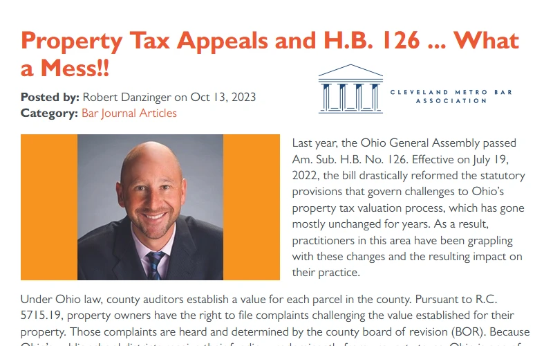 Robert Kip Danzinger SDG Legal partner analyzing Ohio property tax appeals H.B. 126 in Cleveland Metropolitan Bar Association Journal