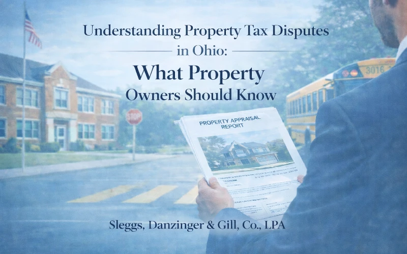 Understanding Ohio property tax disputes - property owner reviewing appraisal report near school crossing to challenge assessment
